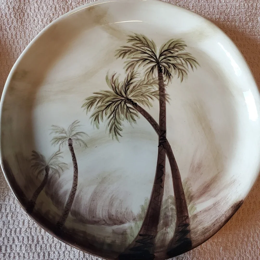 Tabletops Unlimited Bahamas Hand Painted Palm Tree Dinner Plates Set of 4 11in